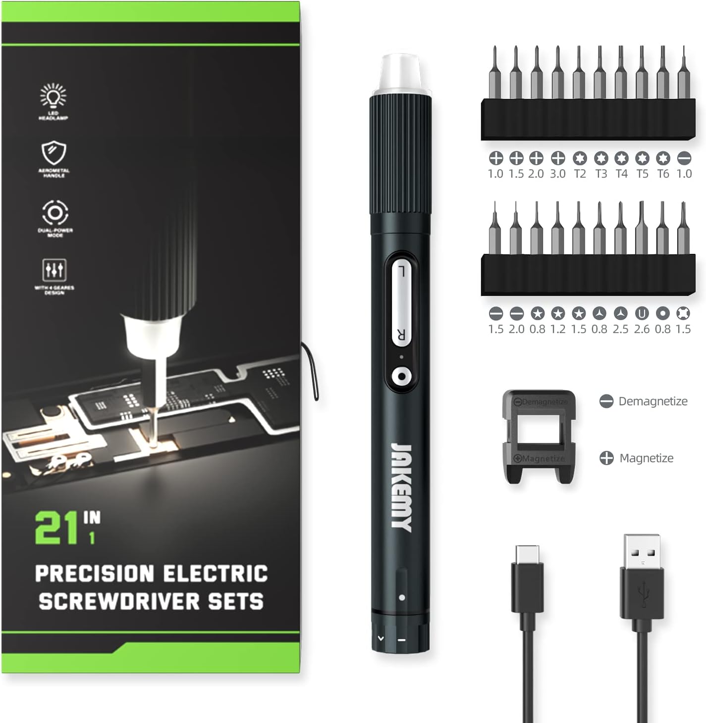 Jakemy Store Efficient and Versatile: JM 21-in-1 Compact Electric Screwdriver with 3-Speed Adjustable Torque and Independent LED Shadowless Light Switch E21a - 21 in 1
