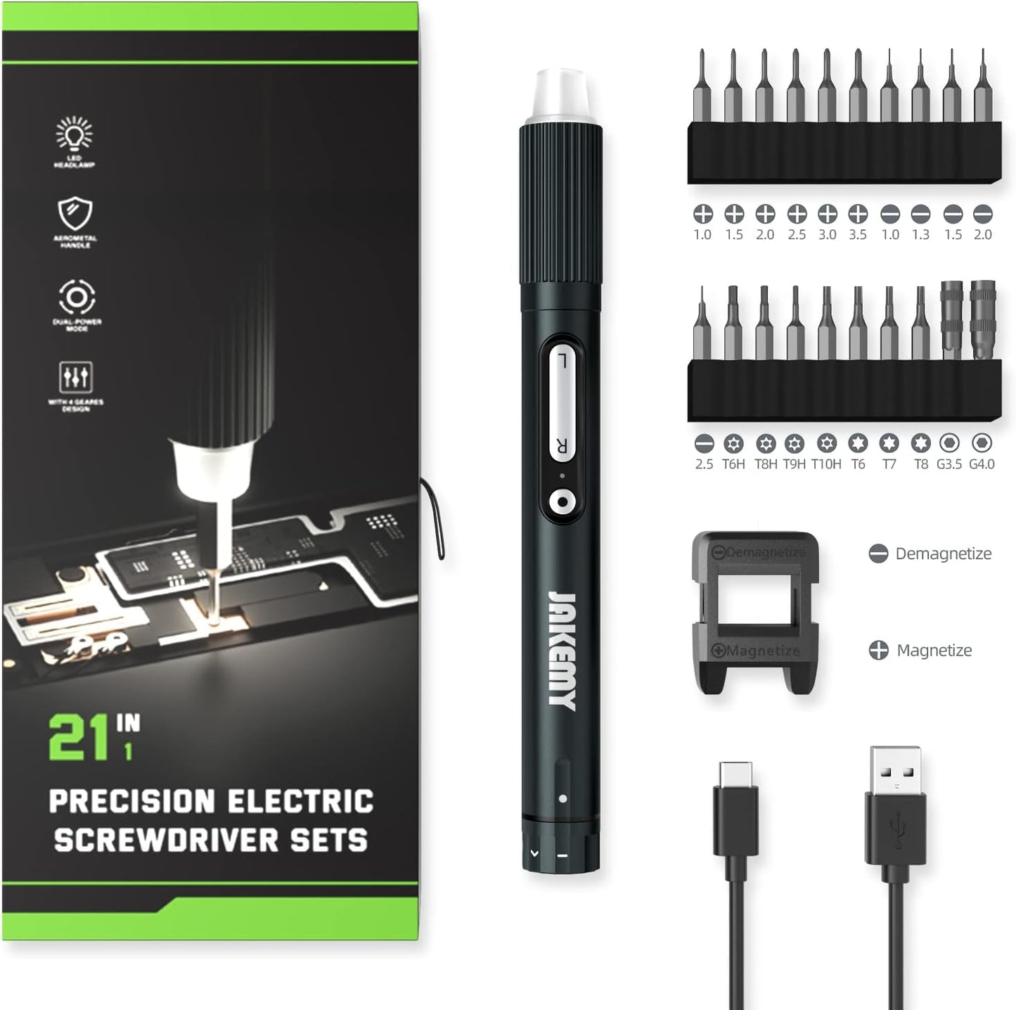 Jakemy Store Efficient and Versatile: JM 21-in-1 Compact Electric Screwdriver with 3-Speed Adjustable Torque and Independent LED Shadowless Light Switch E21c - 21 in 1