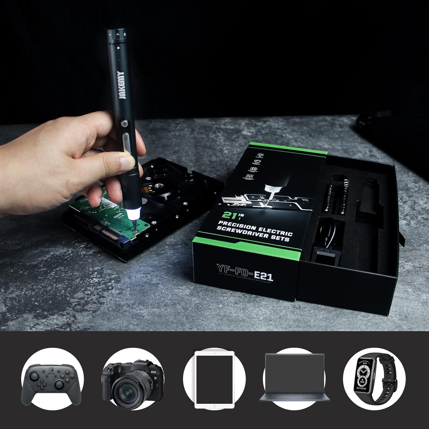 Jakemy Store Efficient and Versatile: JM 21-in-1 Compact Electric Screwdriver with 3-Speed Adjustable Torque and Independent LED Shadowless Light Switch