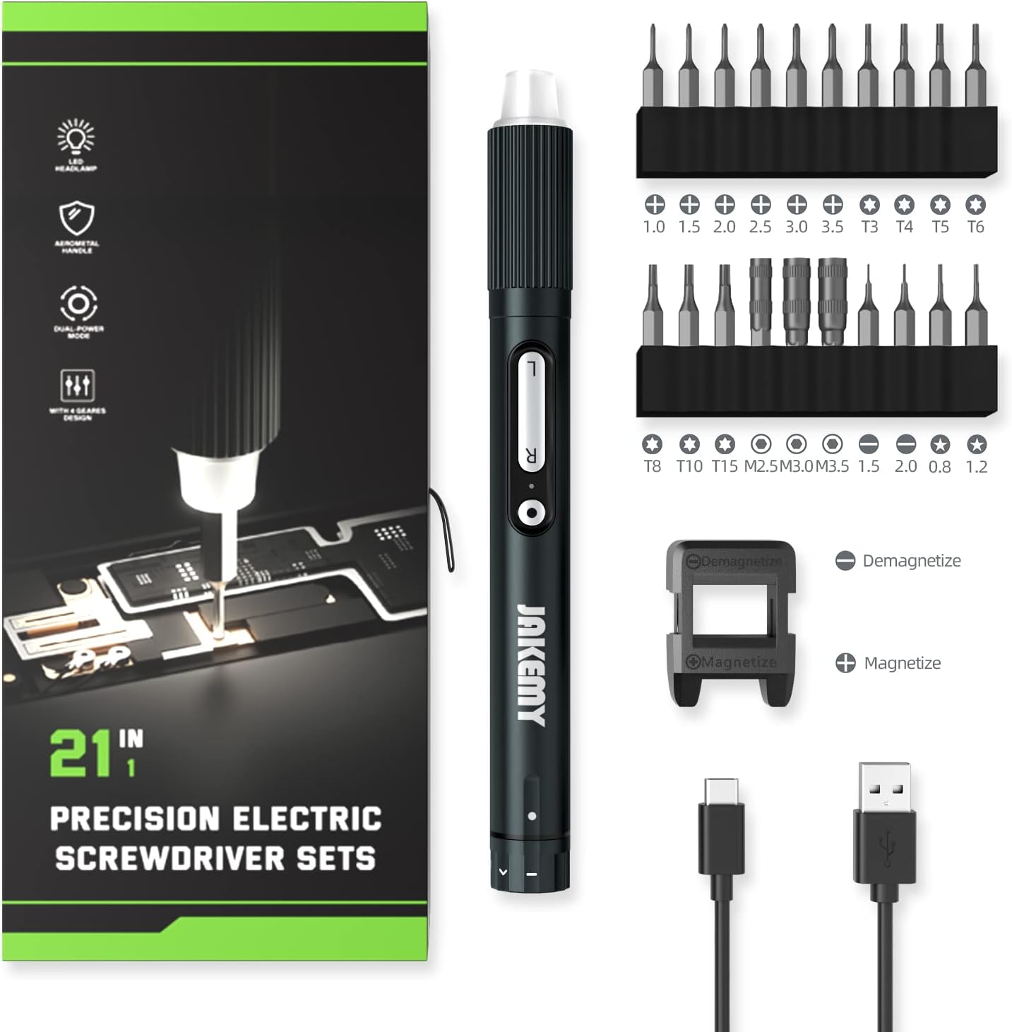 Jakemy Store Efficient and Versatile: JM 21-in-1 Compact Electric Screwdriver with 3-Speed Adjustable Torque and Independent LED Shadowless Light Switch E21b - 21 in 1