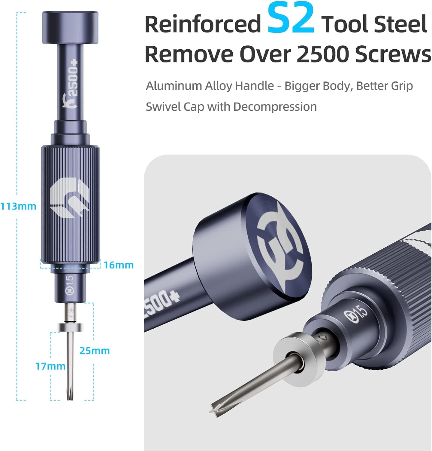 Jakemy Store Professional Grade Precision Screwdriver: JM S2 Steel Bit (Phillips, Torx, Standoff, Pentalobe, Tri-wing) with Mute Bearing Cap