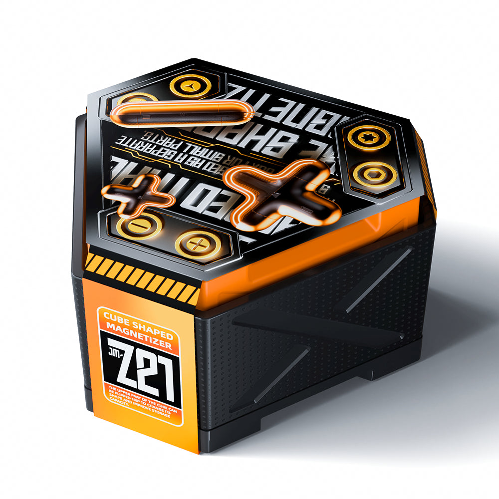 Jakemy Store JM-Z21 Cube Magnetizer: Quick 1-Second Magnetize & Demagnetize, Detachable & Rotatable Base - Compact Storage, Multi-Functional Repair Tool Orange & Black